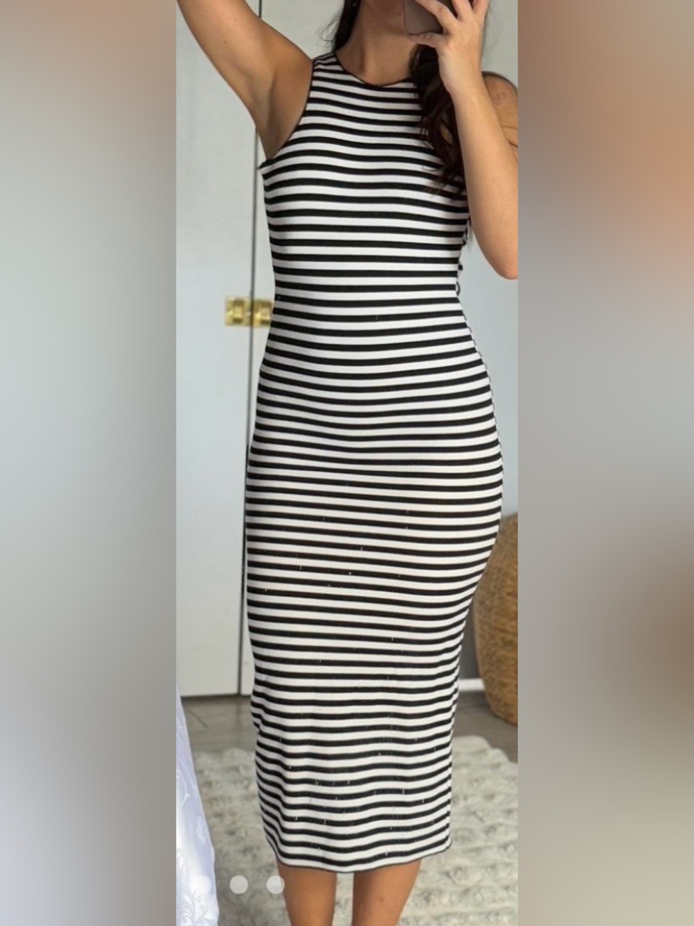 Zara Black and White Striped Sleeveless Ribbed Midi Dress